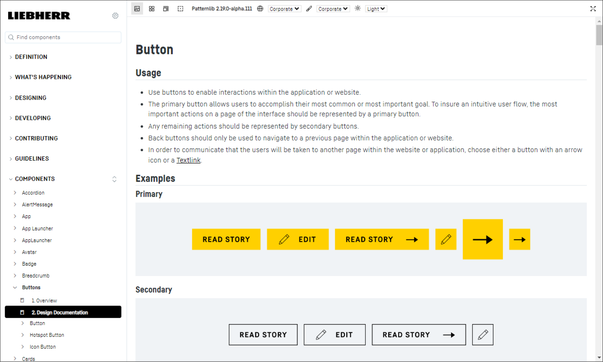 Insight into the documentation of the Pattern Library on Storybook: Options for displaying a button